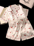 Cherry Print Silk Pajamas Set for Women Summer Short Sleeve Shirt and Shorts Two Pieces Sleepwear Homewear Nightwear