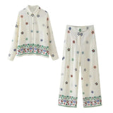 Foridol Floral Embroidery Women Shirt Pants Set Linen 2 Pcs Outfit Female Matching Set Wide Leg Pants Suit 2025 Casual Set