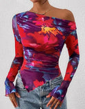 Women's Off-Shoulder Ruffled Sleeve Long-Sleeve Top with Asymmetrical Tie-Dye Mesh Asymmetrical Pleated Floral Print T-Shirt