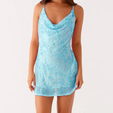 Women Summer Fashion Sleeveless Swing Collar Back Bandage Mini Dresses Flower Sequins Beaded Embroidery Cowl Neck Cami Dress