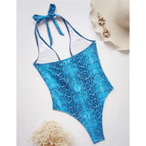 New Sexy Snake Skin Halter Monokini Women Swimwear One Piece Swimsuit Female Tummy Cut Out Bather Bathing Suit Swim Lady V3056
