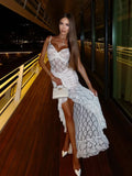 Ahagaga Elegant Lace Women Maxi Dresses Strapless Sheer Sexy Folds Solid Asymmetrical V-Neck Vestidos Robe Sheath Slim Fit Party