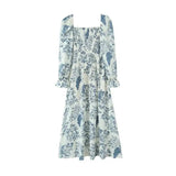 French Casual Style Square-neck Slim-fit Dress Feminine With Side Slit Three-quarter Sleeves Waist Cinching Printed Holiday THF3
