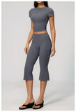 Yoga Set for Women High Waist Hip Lifting Tight Mid Pants Fitness Suit Short Sleeve O Neck Slimming Sports T Shirt Athletic Wear