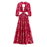 Waist Cut Out Backless Sexy Summer Maxi Dress Elegant Deep V Neck Holiday Long Dress Red Black Boho Floral Dress Women 2025