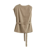 Foridol Irregular Sleeve Top+pants Set Women Summer Elegant Office Casual Matching Set Sash Buttons Decor Brown Suit Outfits