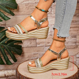 Bohemian Style Wedges Golden Sandals Women Plus Size 43 Summer Platfrom Heighten Sandals Woman Lightweight Ankle Buckle Sandles