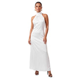 Women Summer Sexy Long Dress Sleeveless Halterneck Backless Solid Color Cocktail Dresses for Party