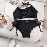 DEKA Women's Bandage Denim Bikini Set Summer New Jeans Shorts Swimwear Bra Beach Play and Bar Nightclub Swimsuit