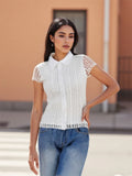 Women White Lace Shirts Solid Color Lapel V Neck Short Sleeve Slim Fit Tops and Blouses Summer Elegant
