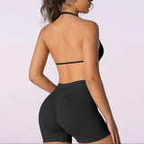 2PCS Backless Sports Bra High-Waisted Yoga Shorts Set Sexy Neck Hanging Design Abdomen Hip Lifting Fitness Outfit