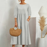 Womens Casual Summer Cotton Dress With Pockets 3/4 Sleeve Loose Midi Shirt Dress Women Dresses With Short Sleeves Vestidos