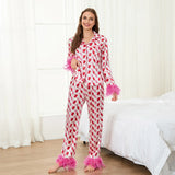 2 Piece Satin Pajama Set Women Feather Trim Long Sleeve Button Up Shirt Tops + Long Pants Set Sleepwear Loungewear