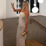 FDYOUI Luxury Bandage Sequins Evening Party Dresses for Women Sexy Strapless Off Shoulder Backless Split Slim Long Wedding Dress