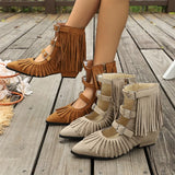 Women's Vintage Fringe Summer Ankle Boots Bohemian Buckle Straps Pointed Toe Ethnic Tassel Hollow Out Western Cowgirls Shoes