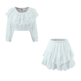 Foridol Summer Off Shoulder White Lace Skirt Set Dress Women Outfits Ruffles Tiered Mini Flower Embriodery Two Pieces Beach Suit