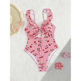S - XL Cherry Printed Plaid Cut Out One Piece Swimsuit Women Swimwear Female Frilled High Leg Cut Bather Bathing Suit Swim V7557