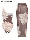 S - XL New With Skirt Printed One Shoulder Women Swimwear One Piece Swimsuit Female High Leg Cut Bather Bathing Suit Swim V8017