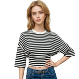 Women Summer Fashion Casual Elbow Sleeve T-Shirts Stripe Cinched Waist Crew Neck Tops Streetwear