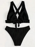 Wrinkled Crinkled Cross Back Bikini Women Swimwear Female Swimsuit Two-pieces Bikini Set High Cut Bathing Suit Swim Beach Wear