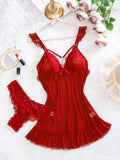 2026 New Red Sexy Lingerie Set Women Deep V Slip Dress Thong Erotic Bra Panty Sets Lace Nightdress Soft Nightgown wedding Pijama