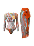 S - XXL Printed Long Sleeve With Sarong One Piece Swimsuit Women Swimwear Female Flowers Padded Bather Bathing Suit Swim K7181