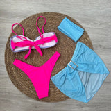 4 piece Bikini Set with Mini Skirt Headscarf Push Up Women Swimsuit 2024 Sexy Swimwear Brazilian Bikinis Thong Biquini Beachwear