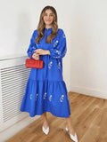 Foridol Lantern Sleeve Spring Summer Women Dress Embroidery Loose Midi Casual Vestidos 2025 Wrist Sleeve Royal Blue Sundress