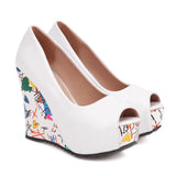 2026 New Big Size 33-43 Summer White Bohemian Graffiti Platform Pumps Slip On Black Red Chunky High Heels Wedges Shoes Women
