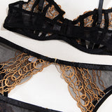 Toucheart4PCS Lace Golden Embroidery Sexy Underwear Set Slim Exposed Navel See-through Hollow Out Interesting Steelring Bralette