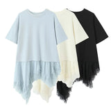 New Women's Lace Patchwork T-Shirt Top Women Lace Trim Hem T Shirt Crew Neck Short Sleeved Loose Fit Casual Solid Color Top MQ08