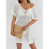 S - XL V Neck Short Sleeve Hollow Out Knitted Tunic Beach Cover Up Cover-ups Beach Dress Beach Wear Beachwear Female Women V8214