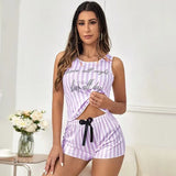 Pajamas for Women Summer Stripe Print Sleepwear Faux Cotton O-neck Pyjama Tank Top Shorts 2-piece Soft Sleeveless Home Nightwear