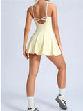 Summer Color Blocking Tennis Dresses Women Thin Shoulder Strap Slim Workout Golf Skirts Outwear Gym Running Pleate Dress