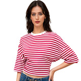 Women Summer Fashion Casual Elbow Sleeve T-Shirts Stripe Cinched Waist Crew Neck Tops Streetwear