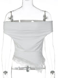 FDYOUI Woman Clothing Slash Neck T-shirts 2026 Summer Sleeveless Lace Patchwork White T Shirt Y2K Girls Irregular Corset Tee Top