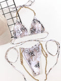 2026 Sexy Bikini Women Snakeskin Print Cross Bandage Halter Chain Strap Swimwear Swimsuit Female Beach Bikinis Set Bathing Suit