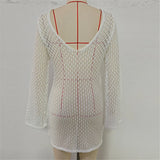 V Neck Long Sleeve Hollow Out Crochet Knitted Tunic Beach Cover Up Cover-ups Beach Dress Beach Wear Beachwear Female Women V7643