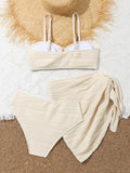 Sexy Black Beige Mesh Skirt 3 Piece Bikini Set 2025 Women Summer Metal U Wire Push Up Swimwear Bathing Suit Holiday Swimsuit