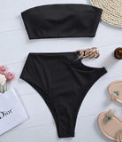Metal Chain Ribbed Female Bandeau Swimsuit High Waist Bikini Women Swimwear Two-pieces Bikini set Asymmetric Bathing Suit Swim
