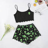 Sexy Alien Print Sling Sleepwear Women's Pajamas Set V-Neck Pyjamas Female Homewear Sleeveless Cute  Top And Shorts