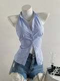 Summer Casual Shirt Women's Blue Striped Halter Top V Neck Button Down Sleeveless Slim Fit Blouse 2026 Y2K Style Streetwear