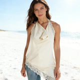 Women Summer Lace Satin Camisole Fashion Solid Color Sleeveless Backless Halter Neck Vest