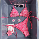 Sexy Mesh Flower Bikinis Sets Women Hot Pink Halter Push Up Bra Tie Side Swimsuit 2026 Beach Bathing Suit Holiday Micro Swimwear