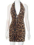 Sexy Halter Neck Off Shoulder Leopard Print Mini Dresses for Women Sleeveless Backless Sequins Skinny Party Night Club Dress