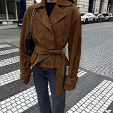 Phantasy Fashion Vintage Belt-Down Jacket Autumn Winter V-Neck Commuter Brown Suit Casual Style High-End Women's Clothing 2025