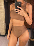 New Wrinkled One Shoulder High Waist Bikini Female Swimsuit Women Swimwear Two-Pieces Bikini Set Bather Bathing Suit Swim V5857
