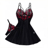 Black Red Rose Floral Embroidery Mesh Babydoll Lingerie Set Underwire Nightgown With Matching Thong Women Sleepwear ZA825127