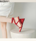 Brand Design Cross-Strap Rhinestone Sandals Summer For Women Crystal Strange Style High Heels Buckle Strap Dress Shoes Blue Red