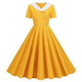 1950s Vintage 50s A-Line Evening Dress Short Sleeves V Neck Button High Waist Dresses Women's Prom Party Midi Dress Vestidos